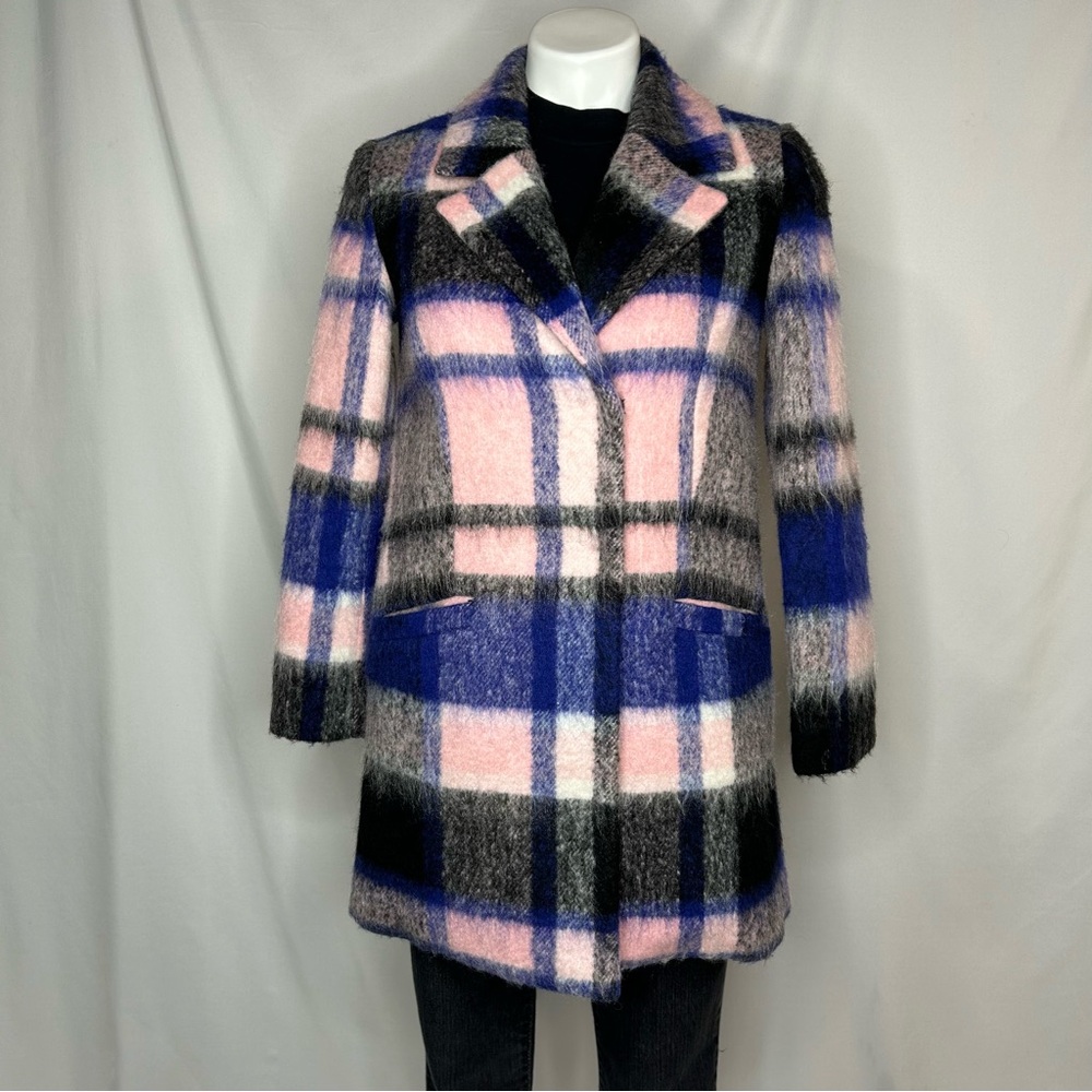 ELLE‎ Aubrey Wool Plaid Pea Coat, Pink, Black, & Blue, Size 2